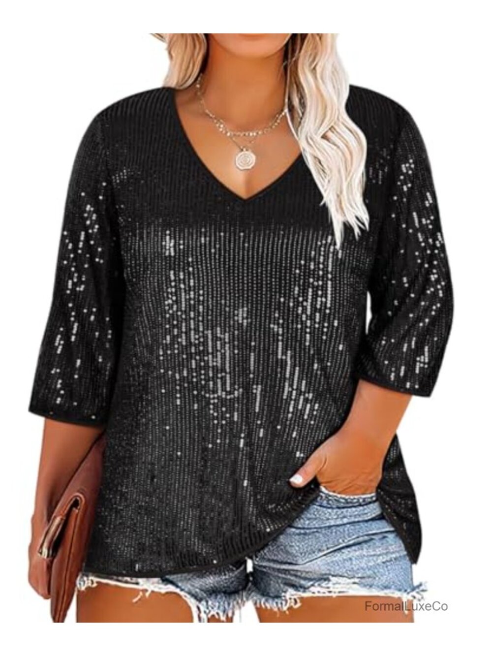 Plus Size Sequin Top 3/4 Sleeve V-Neck Tunic Blouse Women's Glitter Shirt